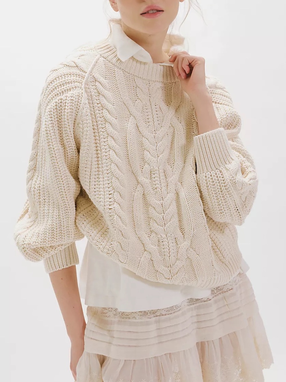 Free People Frankie Cable Knit Pullover Crewneck Fisherman Sweater Ivory S